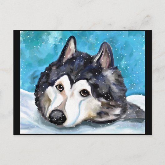 CARTE POSTALE MALAMUTE JOUE DANS LA NEIGE (Devant)