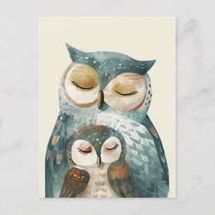 Carte Postale Mama Owl & Owlet Aquarelle Bois Fête des Mères