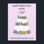 Carte Postale Maman Joyeux anniversaire du Fils et du Fils en dr<br><div class="desc">Un délicat gâteau multicolore aux couleurs pastel face à un arrière - plan mauve pâle. Les mots "Bonne Maman d'anniversaire de ton Fils et de ton Fils dans la loi" accompagnent l'image.</div>