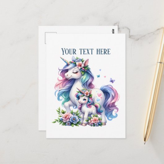 Carte Postale Maman mignonne bébé licorne ajouter du texte (Devant/Arrière en situation)