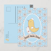 Carte Postale Maman Oiseau Et Bébé Avec Des Fleurs Blanches (Devant / Derrière)