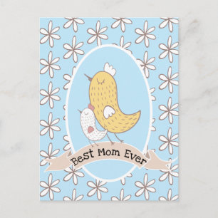 Carte Postale Maman Oiseau Et Bébé Avec Des Fleurs Blanches