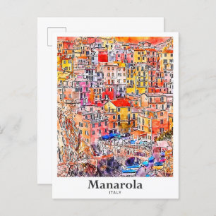 Carte Postale Manarola Italie Voyage Aquarelle main dessinée cro