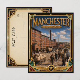Carte Postale Manchester New Hampshire Art Déco Doré Vintage