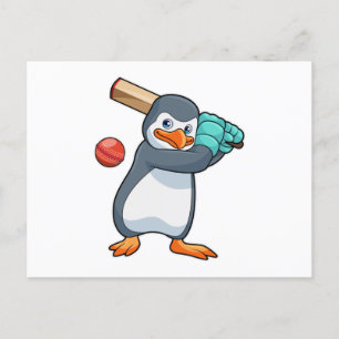 Carte Postale Manchot au cricket avec batte de cricket