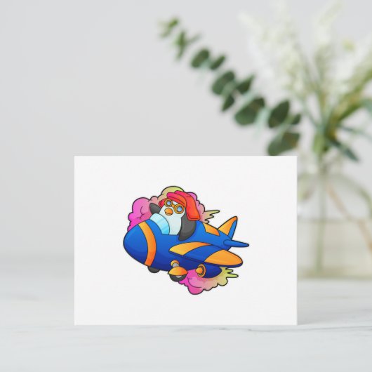 Carte Postale Manchot en pilote avec avion (Debout devant)