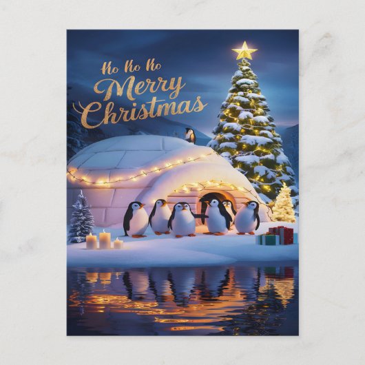 Carte Postale Manchots fêtent dans un igloo avec un arbre de Noë (Devant)