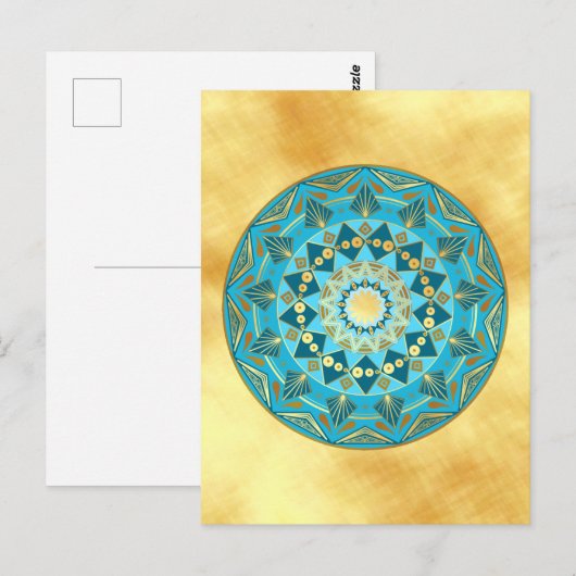 Carte Postale Mandala bleu or sur fond doré (Devant / Derrière)