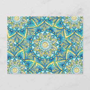 Carte Postale Mandala Floral bleu turquoise Motif jaune