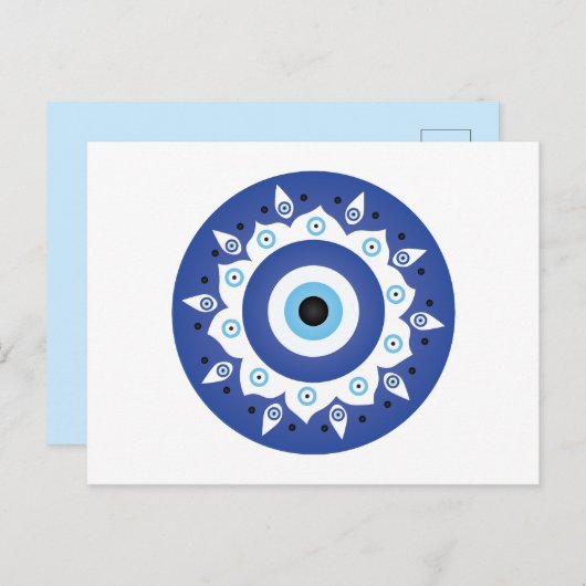 Carte Postale Mandala Grec Mal Oeil Bleu Blanc (Devant / Derrière)
