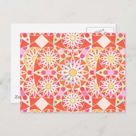 Carte Postale Mandala motif, corail rouge, rose, or (Devant / Derrière)