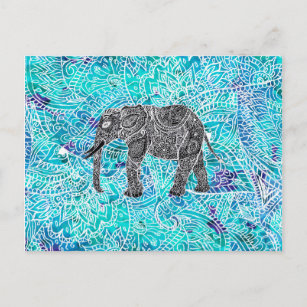 Carte Postale Mandala paisley boho éléphant bleu turquoise