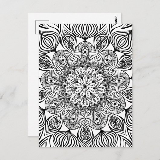 Carte Postale Mandala trippy psychédélique hippie noir et blanc (Devant / Derrière)