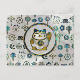 Carte Postale Maneki Neko Chat Lucky sur perle et ormeau