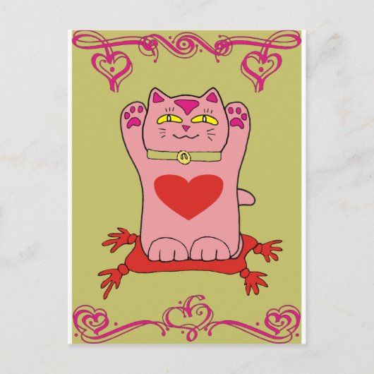 Carte Postale Maneki Neko Chat rose aux Coeurs (Devant)