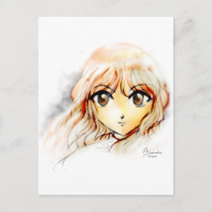 Carte Postale Manga Anime Girl croquis gros yeux kawaii mignon