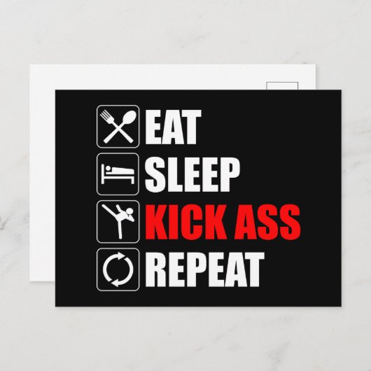 Carte Postale Manger. Dormir. Kick-Ass. Recommencer (Devant / Derrière)