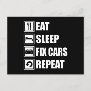 Carte Postale MANGER SOMMEIL FIX VOITURES RÉPÉTER Funny Voiture 