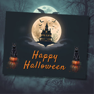 Carte Postale Manoir au Clair de Lune Chat d'Halloween