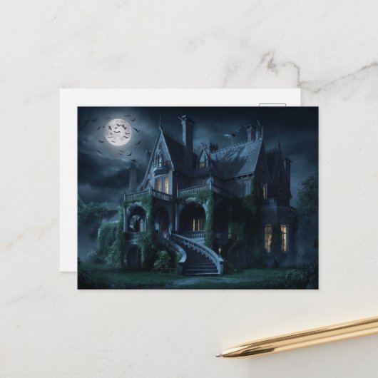 Carte Postale Manoir gothique en Pleine lune avec chauves-souris (Devant/Arrière en situation)