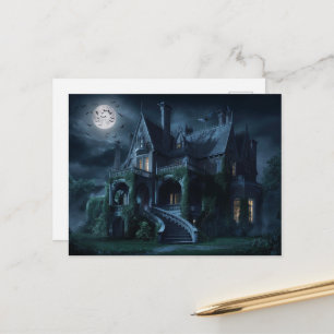 Carte Postale Manoir gothique en Pleine lune avec chauves-souris