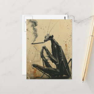 Carte Postale Mante religieuse surréaliste fumeur aux couleurs r