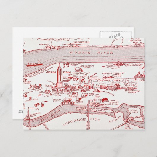 Carte Postale MAP : MANHATTAN, c1935 (Devant / Derrière)