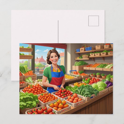 Carte Postale Marchands de légumes frais mignons (Devant / Derrière)