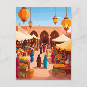 Carte Postale Marché Coloré Souk avec Lanternes Voyage Rétro