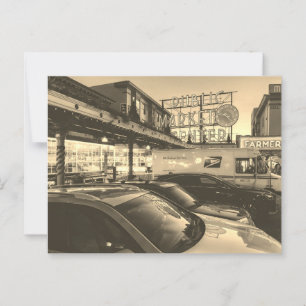 Carte Postale Marché de brochet de Seattle noir et blanc avec vo