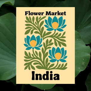 Carte Postale Marché des Fleurs d'Inde Lotus Sarcelle & Feuille