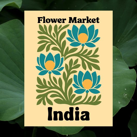 Carte Postale Marché des Fleurs d'Inde Lotus Sarcelle & Feuille