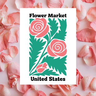 Carte Postale Marché Fleuriste des États-Unis Rose et Feuille Ro