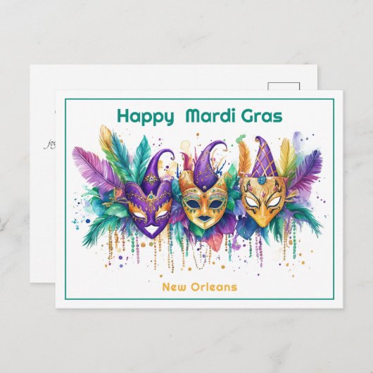 Carte Postale 💚 💜 💛 Mardi Gras aquarelle Masqué Missile Maker (Devant / Derrière)