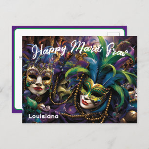Carte Postale 💚 💜 💛 Mardi Gras avec de beaux masques