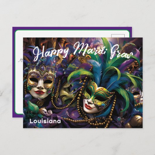 Carte Postale 💚 💜 💛 Mardi Gras avec de beaux masques (Devant / Derrière)
