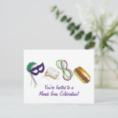 Carte Postale Mardi Gras Beads Beignet Mask Party Invitation (Debout devant)
