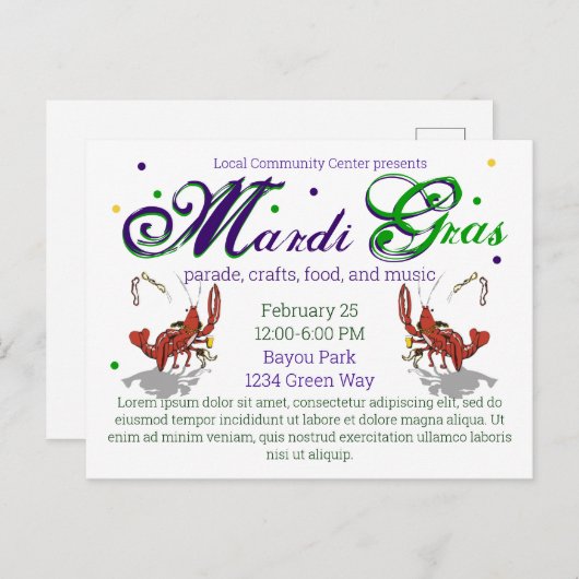 Carte Postale Mardi Gras Crawdads bière (Devant / Derrière)