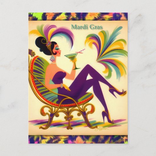 Carte Postale Mardi Gras Femme Au Milieu Du Siècle Avec Martini (Devant)