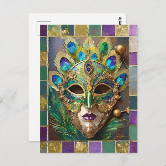 Carte Postale Mardi Gras Gold Ceramic Peacock Feature Masque (Devant / Derrière)