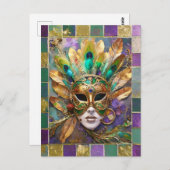 Carte Postale Mardi Gras Gold et vert Peacock Feature Masque (Devant / Derrière)
