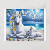 Carte Postale Mare et poulain blanc sous la Lune (Devant)