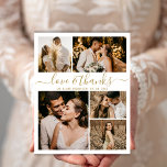Carte Postale Mariage 5 Photo Collage Amour et Merci Merci<br><div class="desc">Elégant, minimaliste Mariage de script or 5 Photo Collage Merci Carte Postale. Modèle carte de remerciements mariage moderne avec cinq (5) photos à l'avant et une (1) photo à l'arrière. Avec le texte "Amour et merci" dans une tourbillonnant police de script de typographie en or sur couleur arrière - plan...</div>