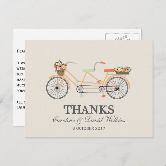 Carte postale Mariage à cycle Merci Couple (Devant / Derrière)
