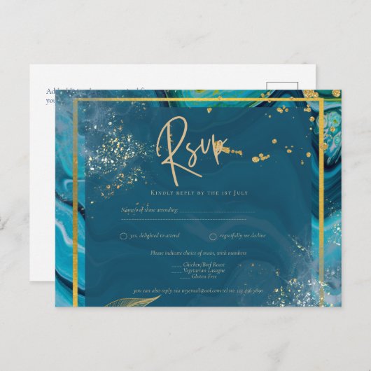 Carte Postale Mariage Abstrait Peacock Blue Gold (Devant / Derrière)