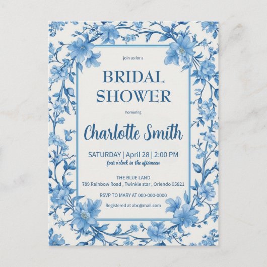 Carte Postale mariage ancien de style chinois bleu et blanc (Devant)