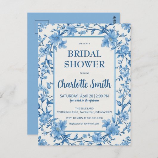 Carte Postale mariage ancien de style chinoserie bleu et blanc (Devant / Derrière)