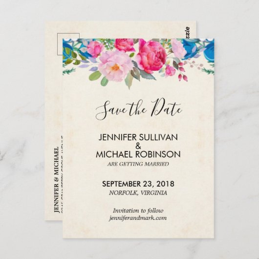 Carte Postale Mariage aux fleurs rose et bleu mignonne Enregistr (Devant / Derrière)