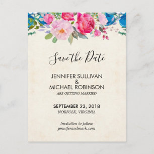 Carte Postale Mariage aux fleurs rose et bleu mignonne Enregistr