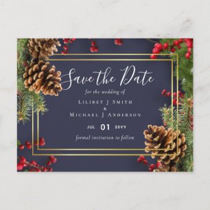 Carte Postale Mariage Baies Rouges Hiver Cônes de Pin